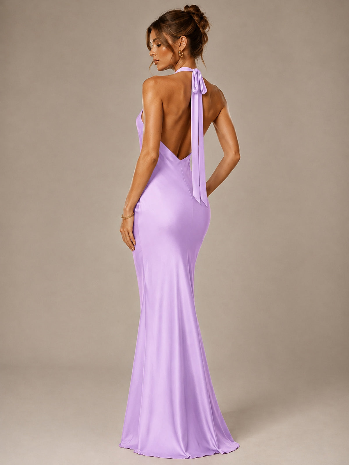 Olive Green Halter Satin Mermaid Maxi Dress