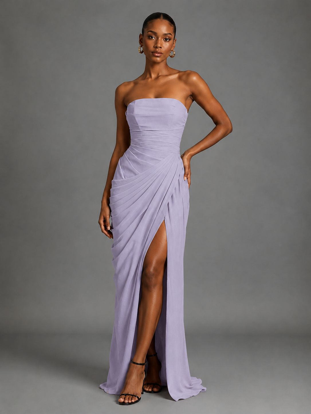 Strapless Bodycon Pleated Chiffon Formal Dress with Slit