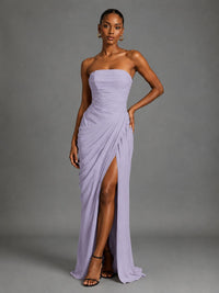 Strapless Bodycon Pleated Chiffon Formal Dress with Slit