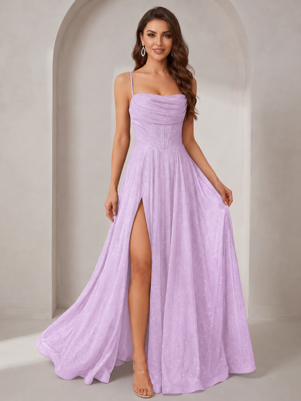 Sparkly Cowl Neck Corset Long Prom Dress with Slit A-line Tulle Ball Gown