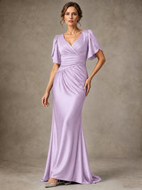 V-Neck Satin Mother of the Bride Dress with Flutter Sleeves