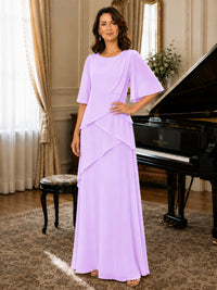 Asymmetric Draped Chiffon Mother of the Bride Dress with Flutter Sleeves