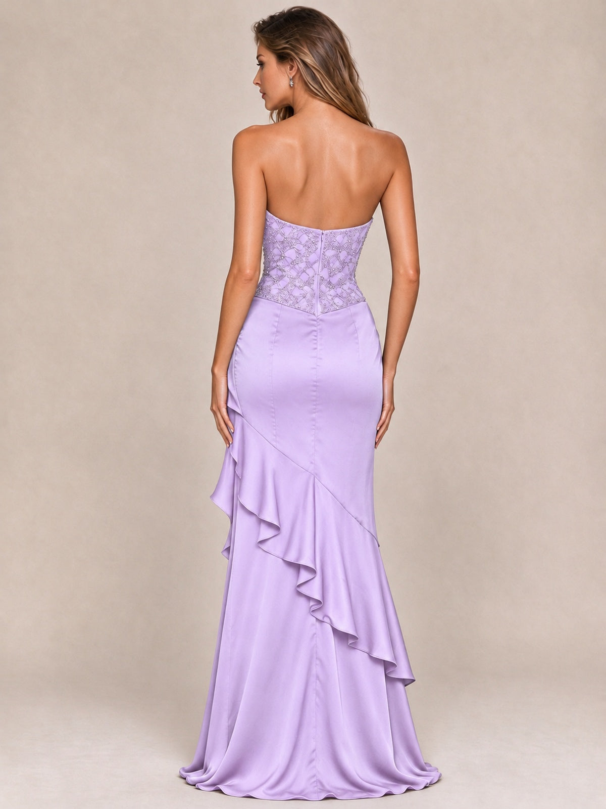 Strapless Lace Appliques Corset Satin Prom Dress Ruffle Slit Evening Gown