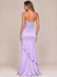 Strapless Lace Appliques Corset Satin Prom Dress Ruffle Slit Evening Gown