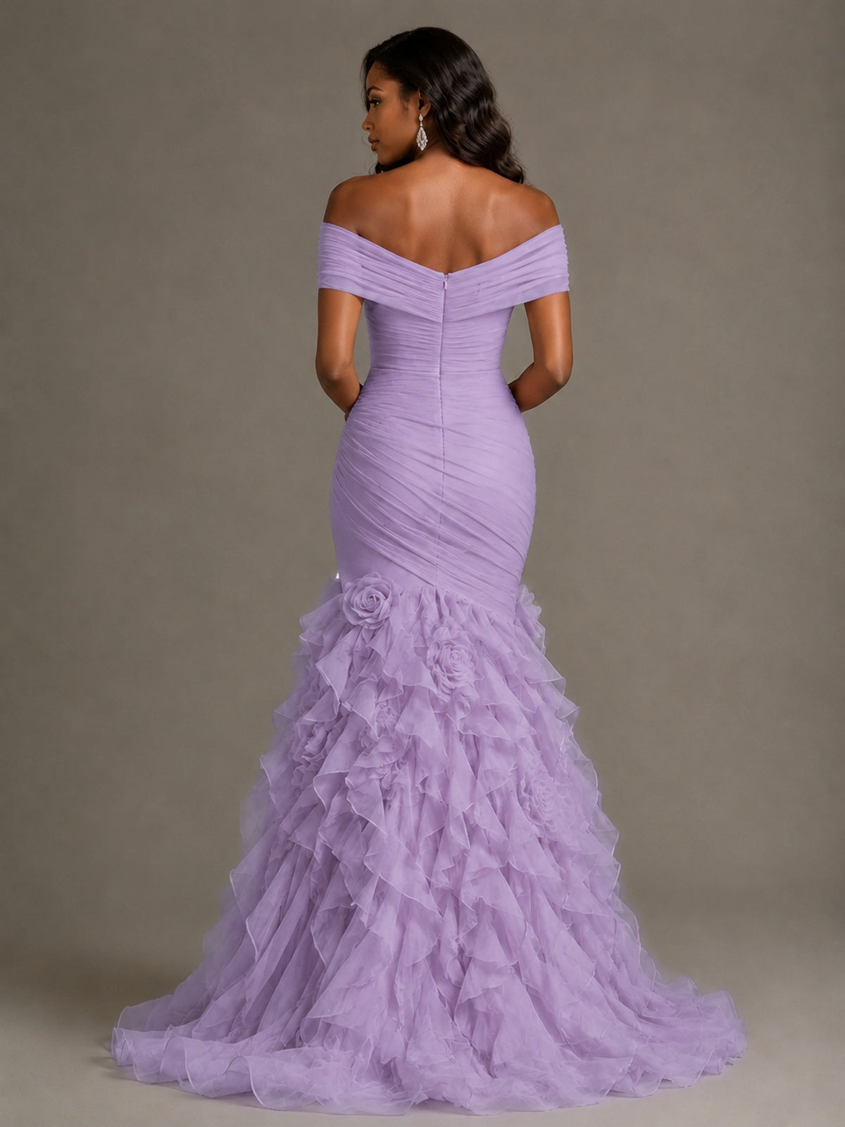 Pink Off-the-Shoulder Mermaid Prom Dress with Ruffles 3D Flowers