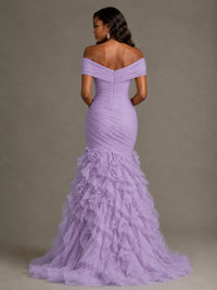 Pink Off-the-Shoulder Mermaid Prom Dress with Ruffles 3D Flowers