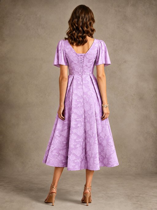 V-Neck Floral Jacquard Tea-Length Mother of the Bride Dress