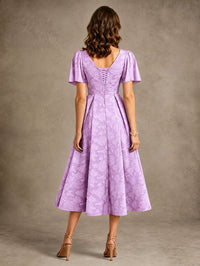 V-Neck Floral Jacquard Tea-Length Mother of the Bride Dress