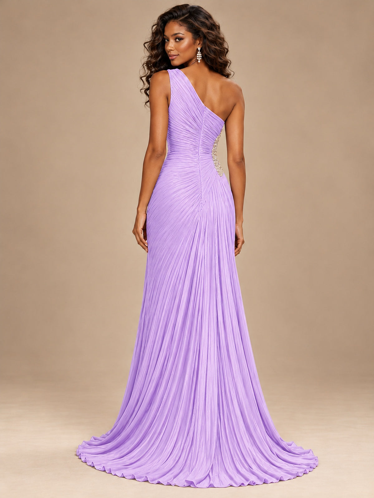 Burgundy One Shoulder Ruched Prom Dress with High Slit & Beaded Waist