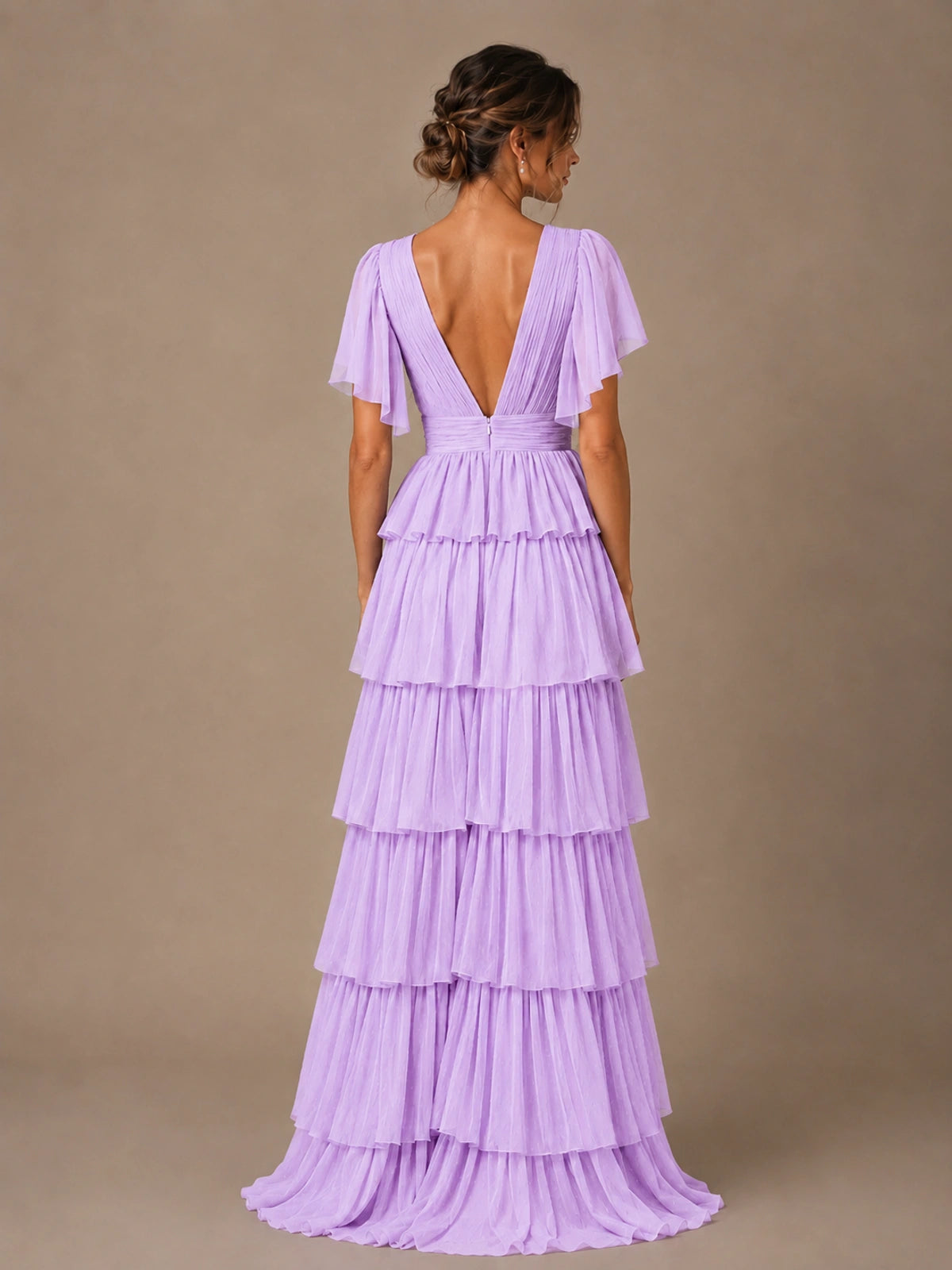 Chiffon V-Neck Tiered Ruffle Bridesmaid Dress with Slit