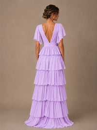 Chiffon V-Neck Tiered Ruffle Bridesmaid Dress with Slit