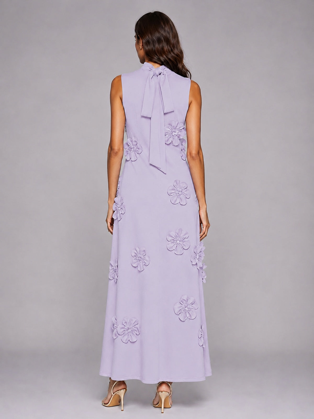3D Floral Applique High Neck Prom Maxi Dress