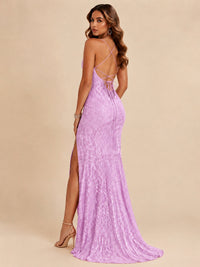 Sequin Lace Appliques Mermaid Prom Dress Spaghetti Strap Formal Gowns with Slit