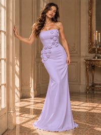 White Strapless Mermaid Maxi Dress with 3D Floral Appliques