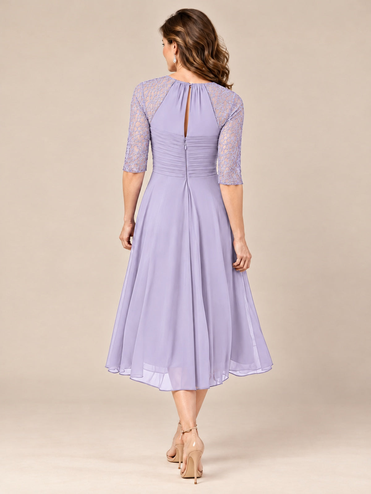 Tea-Length Mother of the Bride Dress with Lace 3/4 Sleeves