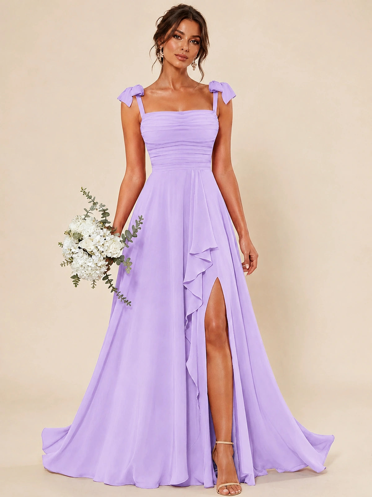 Ruffle Slit Chiffon A Line Scoop Neck Bridesmaid Dresses with Pockets