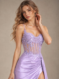 Mermaid Satin Prom Dress with Floral Appliqué Corset and High Slit