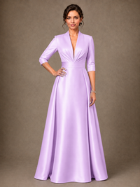 V-Neck Pleated Satin Mother of the Bride Gown with 3/4 Sleeves