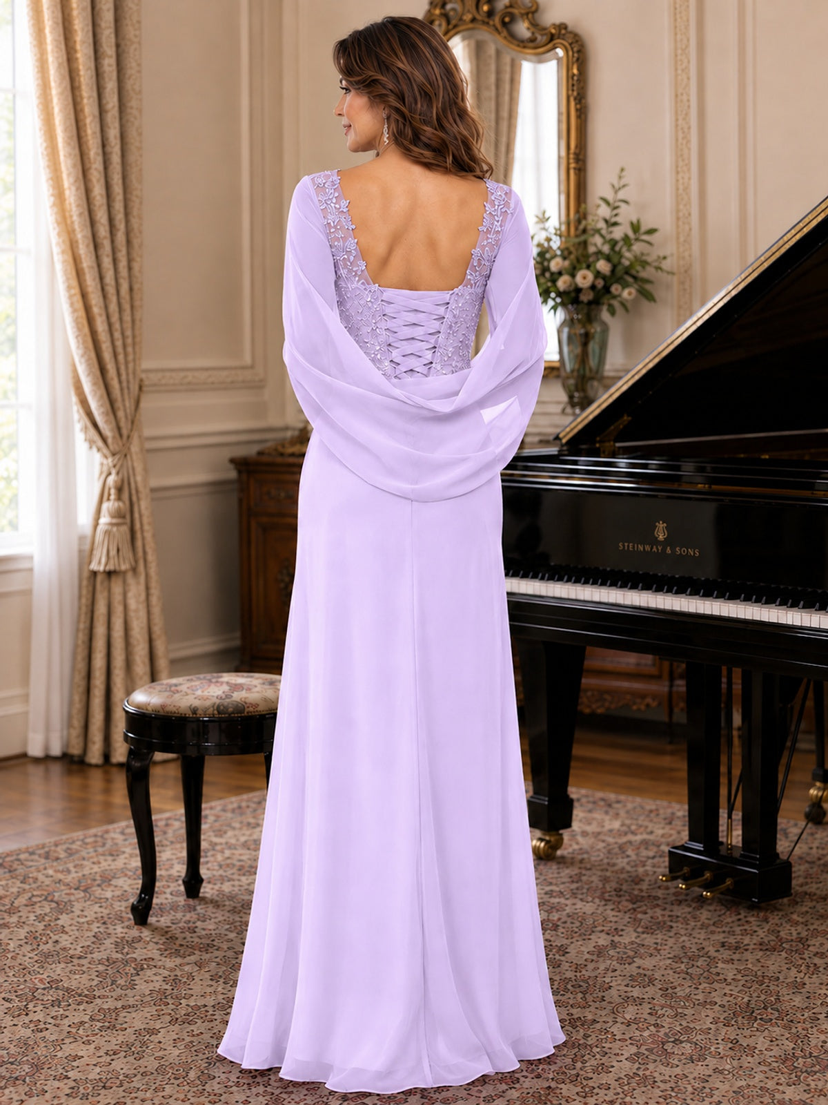 Elegant Applique Chiffon Mother of the Bride Dress with Cape Sleeves