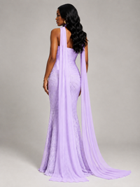 Pleated Chiffon Lace Prom Dresses Long Bodycon Mermaid with Scarf