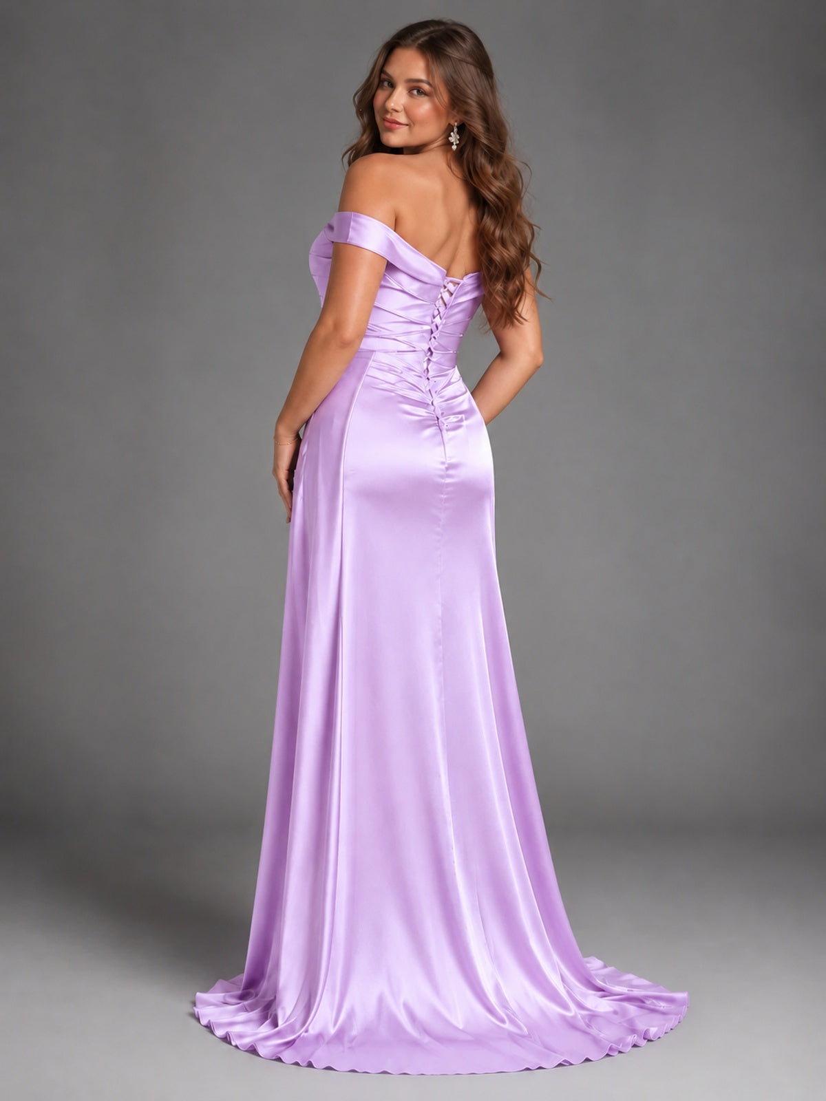 Off Shoulder Satin Maxi Dress with Slit