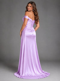 Off Shoulder Satin Maxi Dress with Slit