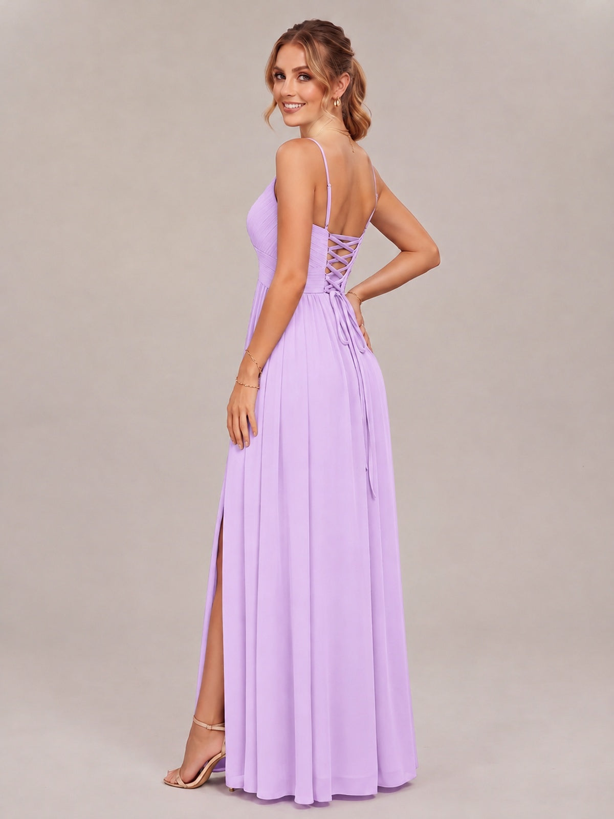 V-Neck Pleated Chiffon Long Bridesmaid Dress with Slit