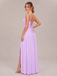V-Neck Pleated Chiffon Long Bridesmaid Dress with Slit