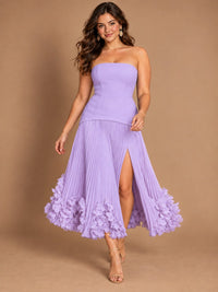 Navy Blue Strapless Pleated A-Line Midi Dress with 3D Floral Applique