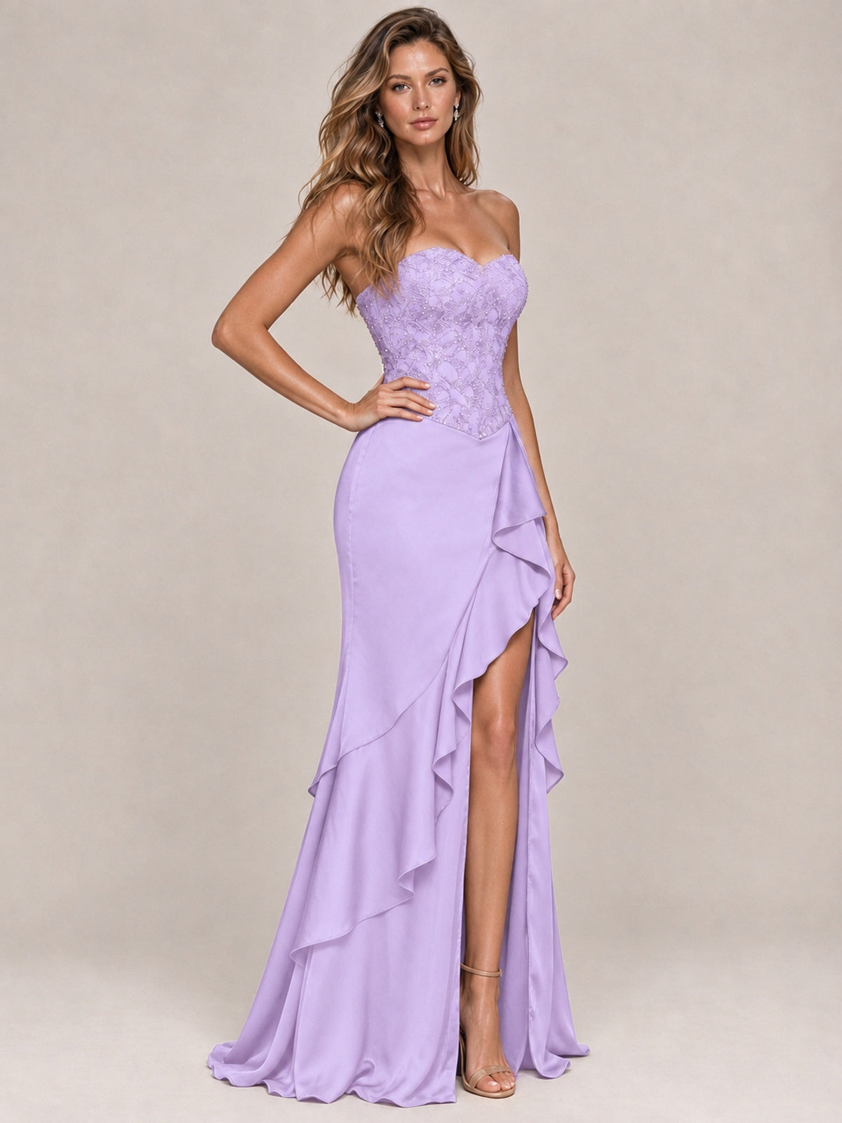 Strapless Lace Appliques Corset Satin Prom Dress Ruffle Slit Evening Gown