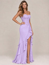 Strapless Lace Appliques Corset Satin Prom Dress Ruffle Slit Evening Gown