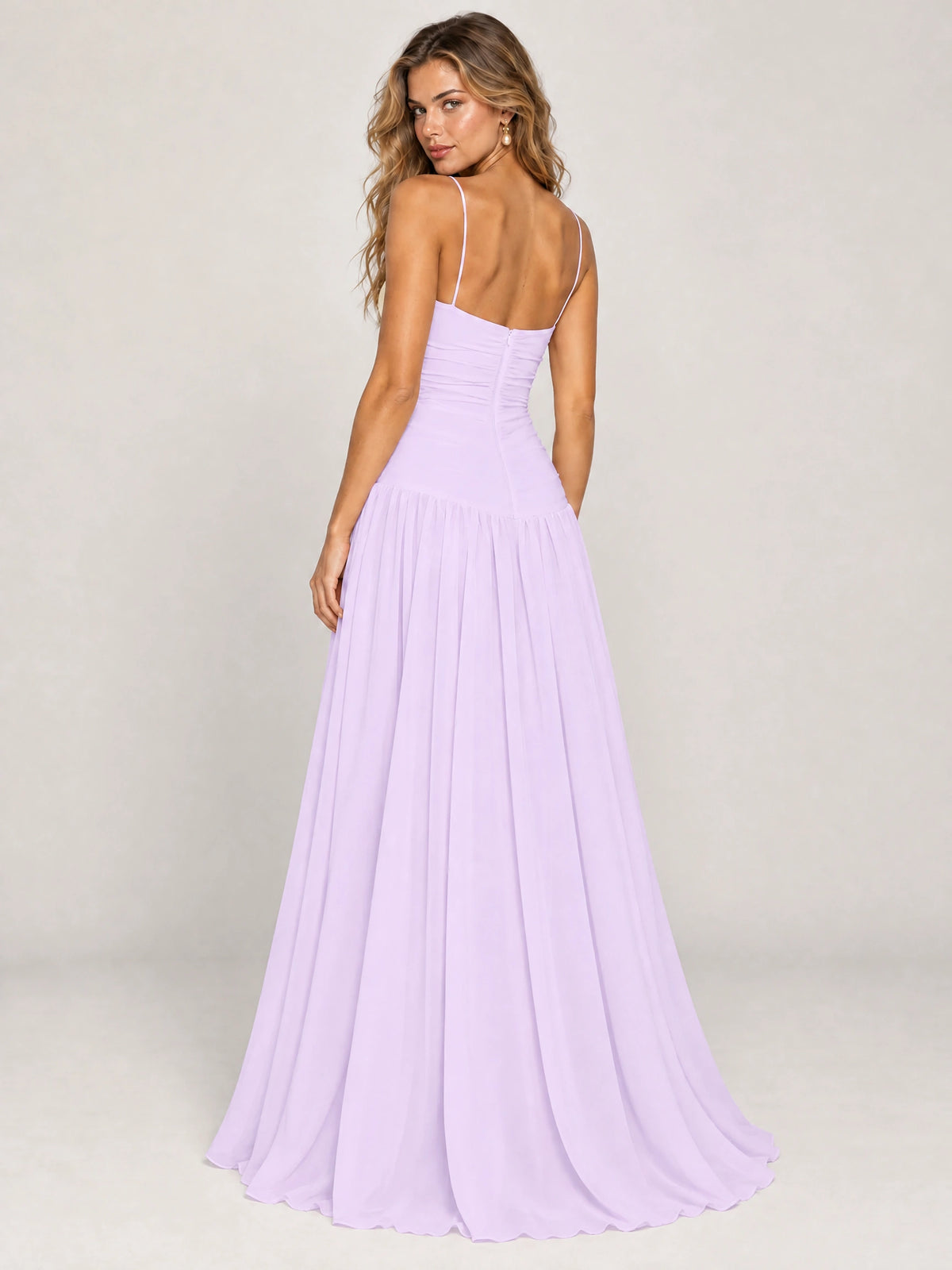 Butter Yellow Ruched Spaghetti Strap Drop-Waist Prom Dress