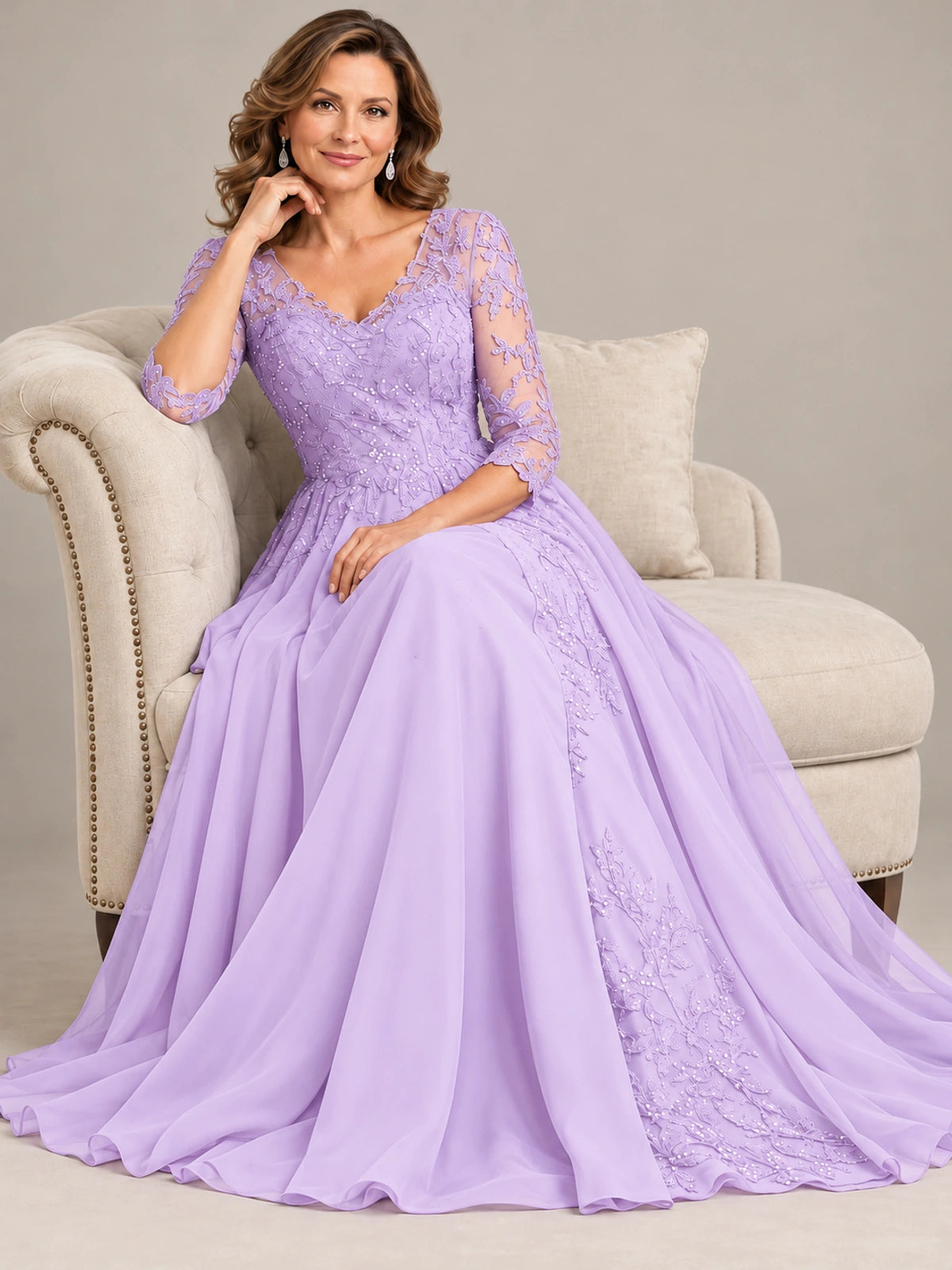 Sequin Lace A-Line Mother of the Bride Dress with 3/4 Sleeves