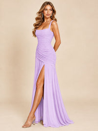 Wrap Pleated Prom Dress Scoop Neck with Slit Women Wedding Formal Dress