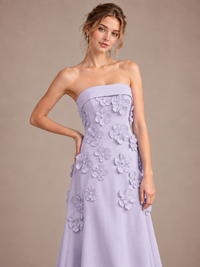 Yellow Strapless 3D Floral Appliques Maxi Dress
