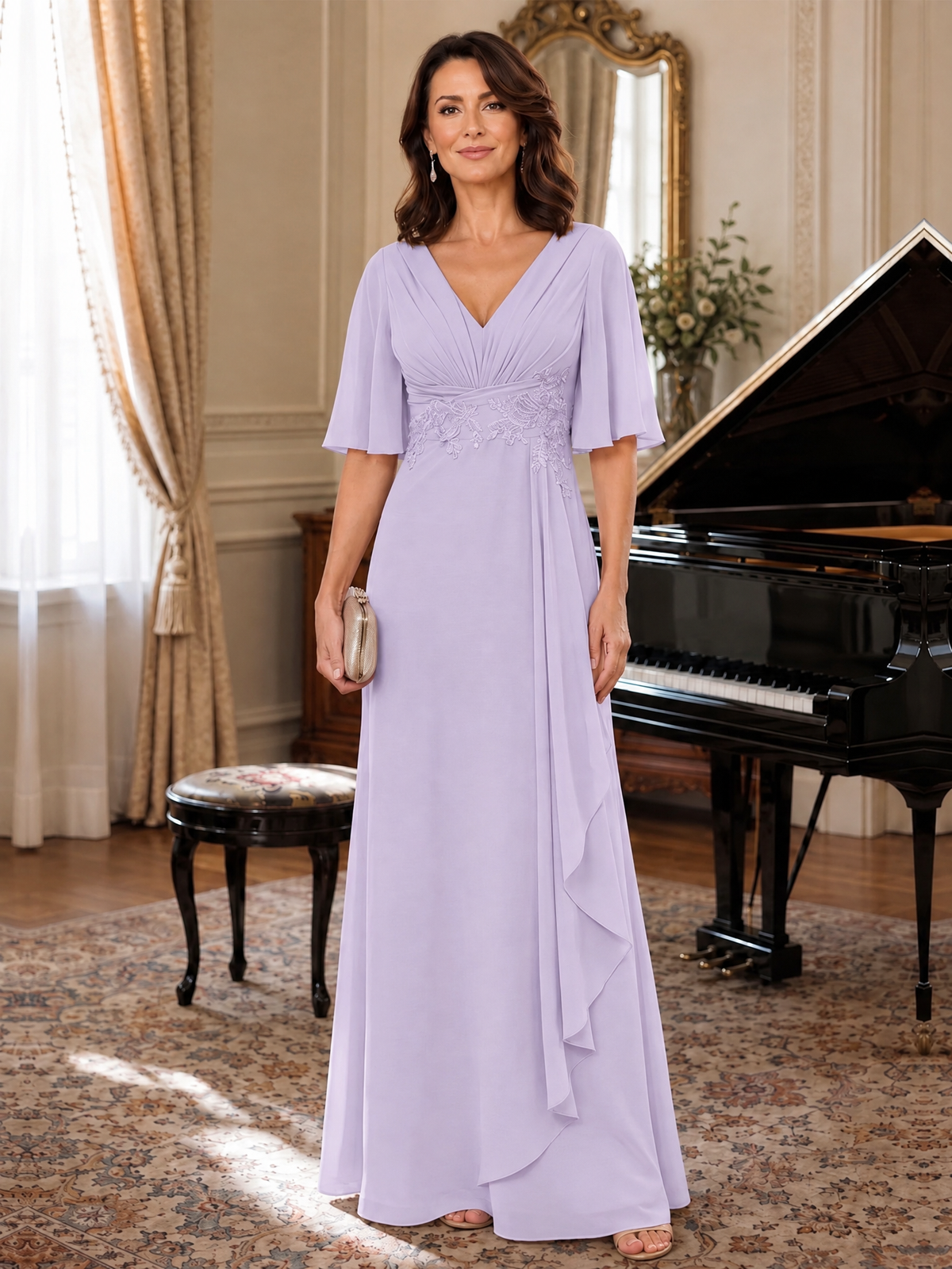V-Neck Chiffon Lace Mother of the Bride Dresses