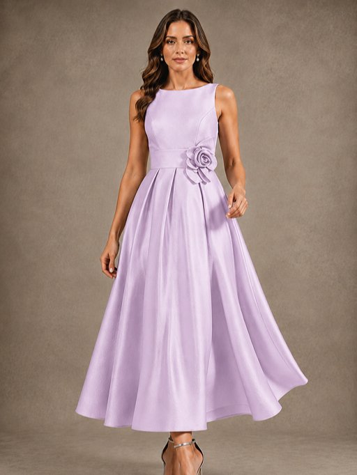 Tea-Length Satin Mother of the Bride Dress with 3D Flower Detail