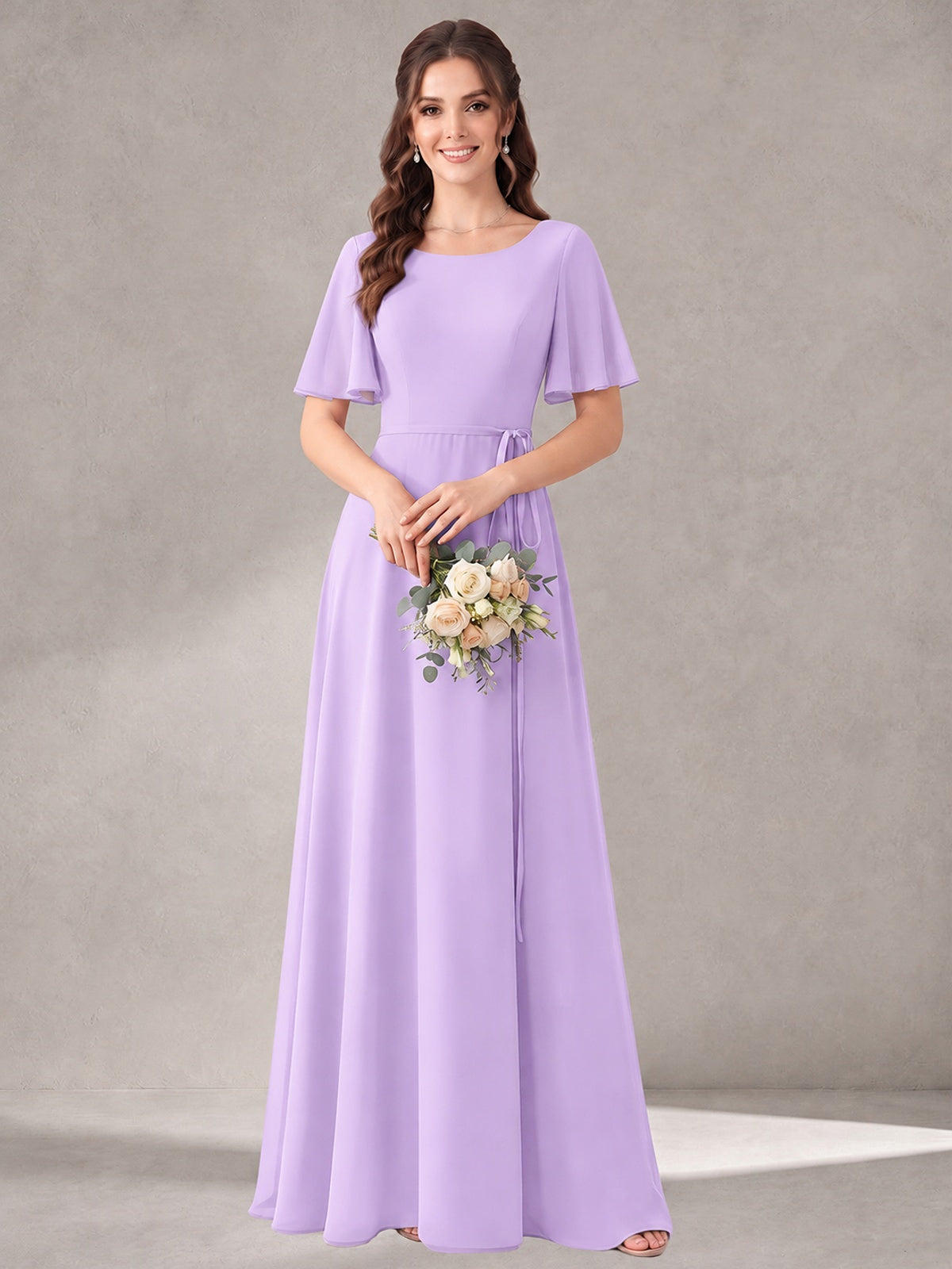 Scoop Neck A-line Chiffon Bridesmaid Dress with Flutter Sleeve & Belt