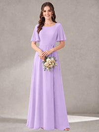 Scoop Neck A-line Chiffon Bridesmaid Dress with Flutter Sleeve & Belt