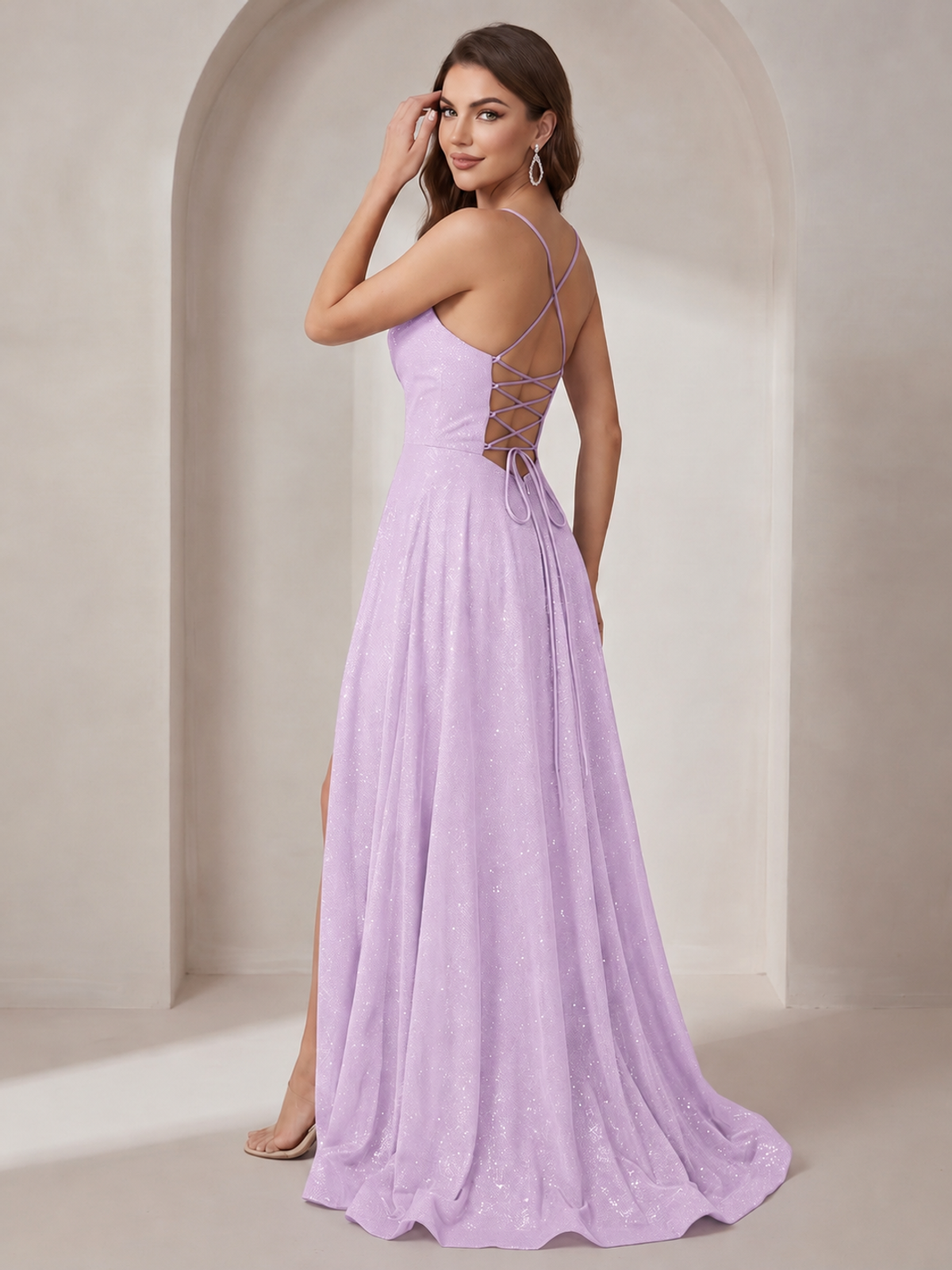 Sparkly Cowl Neck Corset Long Prom Dress with Slit A-line Tulle Ball Gown