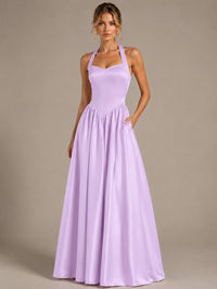 Light Yellow Halter Neck Satin A-Line Maxi Dress with Pockets