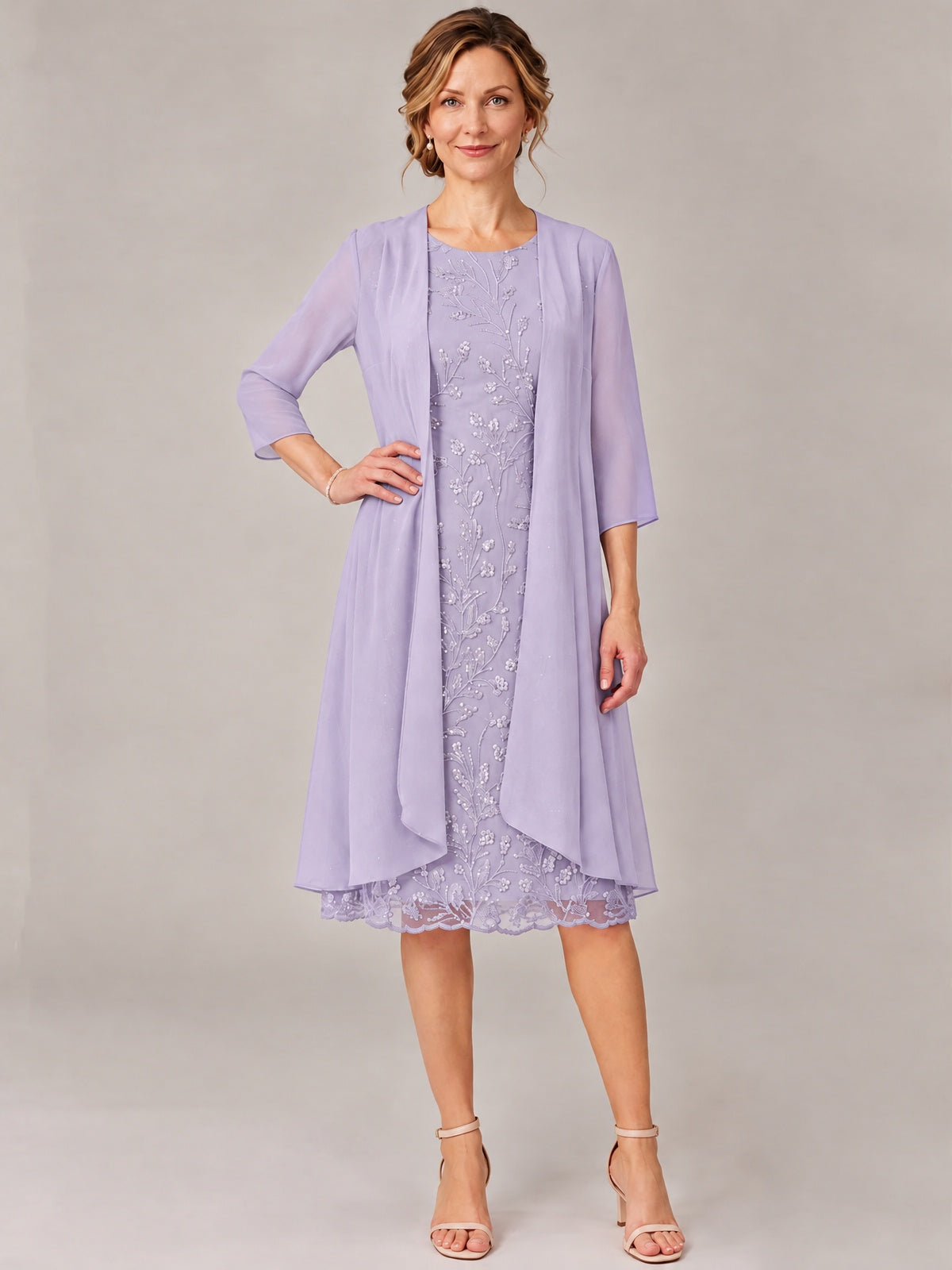 Tea Length Sequin Lace Mother of The Bride Dress with Chiffon Jacket