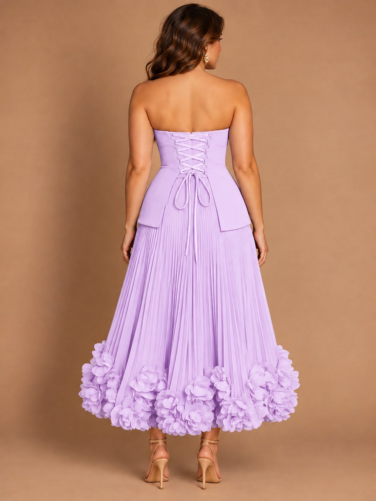 Navy Blue Strapless Pleated A-Line Midi Dress with 3D Floral Applique