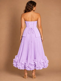 Navy Blue Strapless Pleated A-Line Midi Dress with 3D Floral Applique