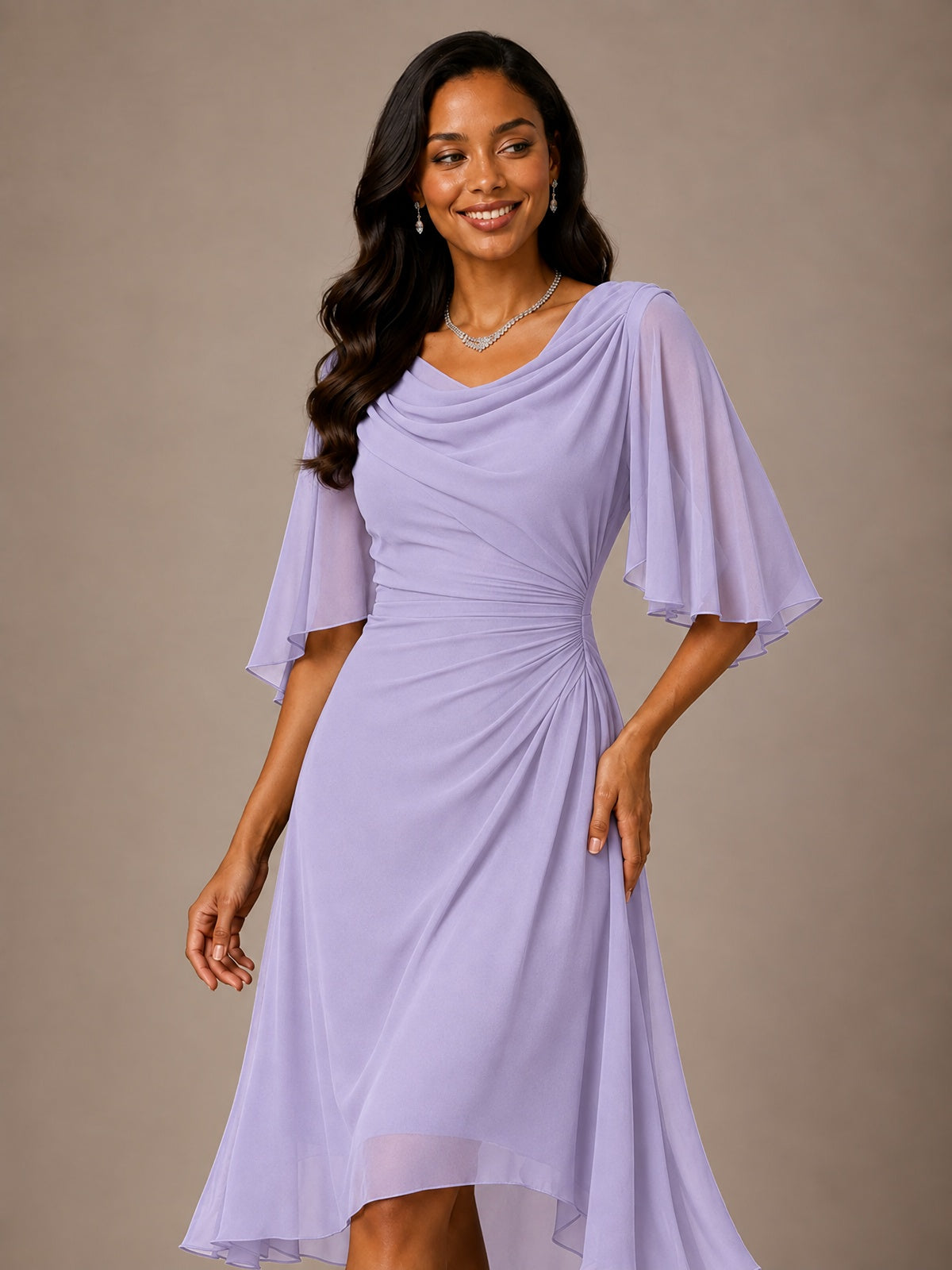 Cowl Neck Ruched Chiffon Mother of the Bride Dresses with Flutter Sleeves