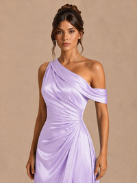 Satin One Shoulder Prom Dress Ruched Long Formal Evening Gown