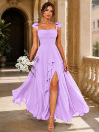 Ruffle Slit Chiffon A Line Scoop Neck Bridesmaid Dresses with Pockets