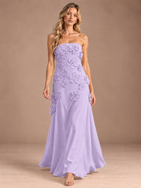 Yellow Strapless A-line Satin Maxi Dress with 3D Floral