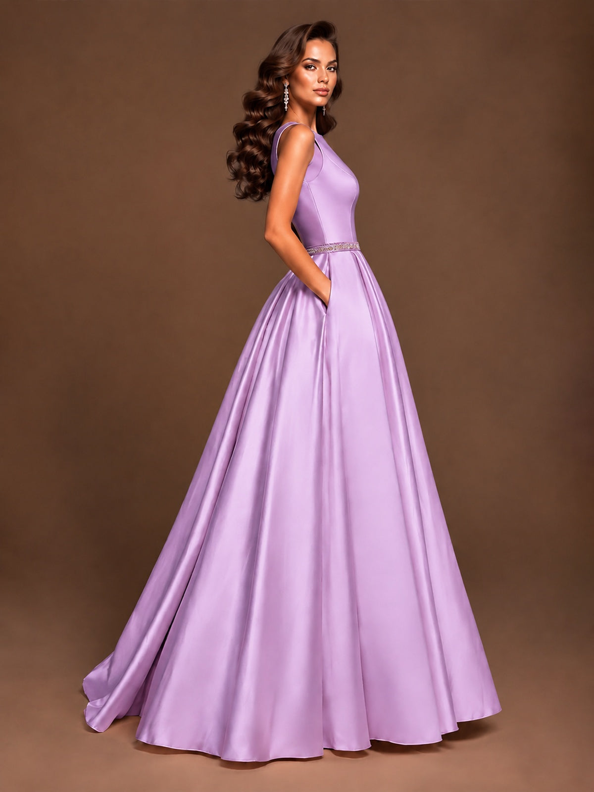 Satin A-Line Prom Dress Sleeveless Beaded Waist Formal Gown with Pockets