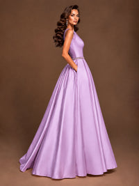 Satin A-Line Prom Dress Sleeveless Beaded Waist Formal Gown with Pockets